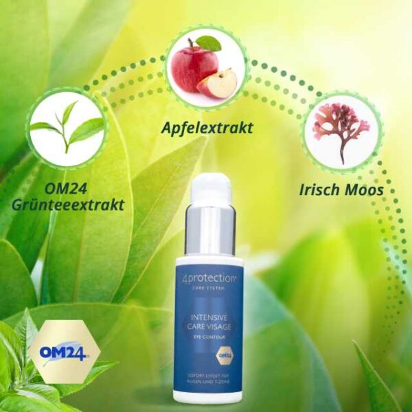 Bilder von Gründer Tee, Apfelextrakt und Irisch Moos umgeben das Produkt.
